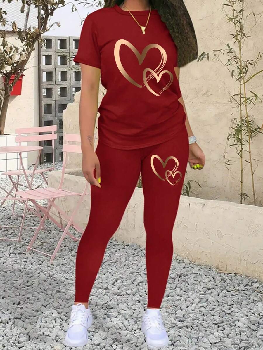 INAWLY 女士心形印花短袖 T 恤和紧身裤套装新年服装