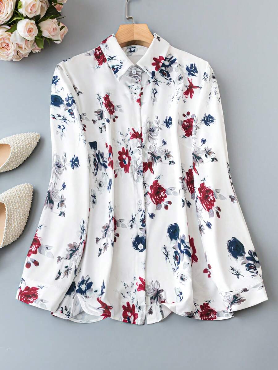 SHEIN LUNE Kích thước lớn Hoa In Tay áo dài Áo sơ mi - Nhiều màu - Xem 1