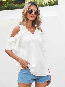 SHEIN Clasi Blusa De Hombro Frio De Color Sólido Con Ribete De Volante Y Borla - Blanco - Ver 3