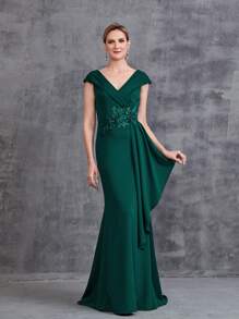 Women' Floral Applique Cap Sleeves Formal Dress - Dark Green - View 1