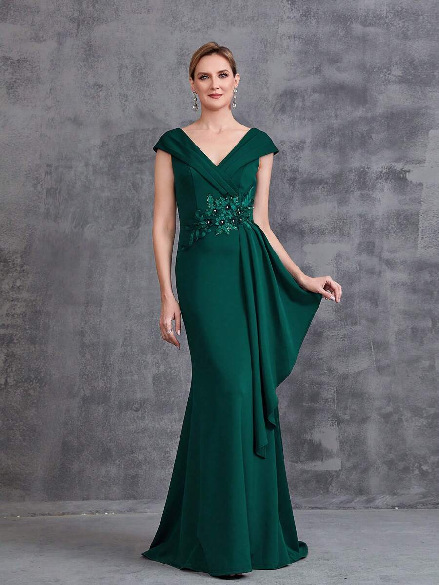 Women' Floral Applique Cap Sleeves Formal Dress - Dark Green - View 1