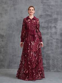 女式衬衫领刺绣亮片束带连衣裙