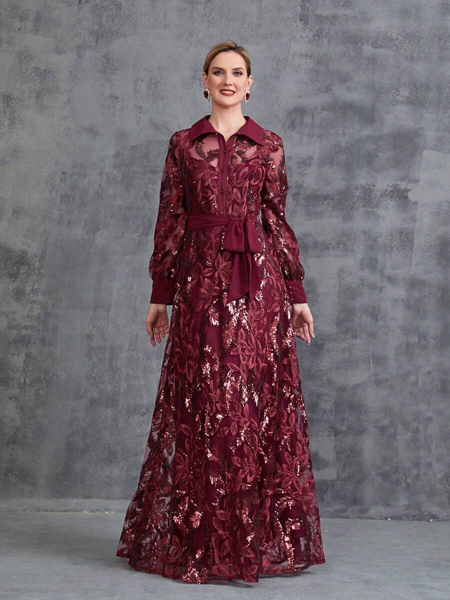 女式衬衫领刺绣亮片束带连衣裙