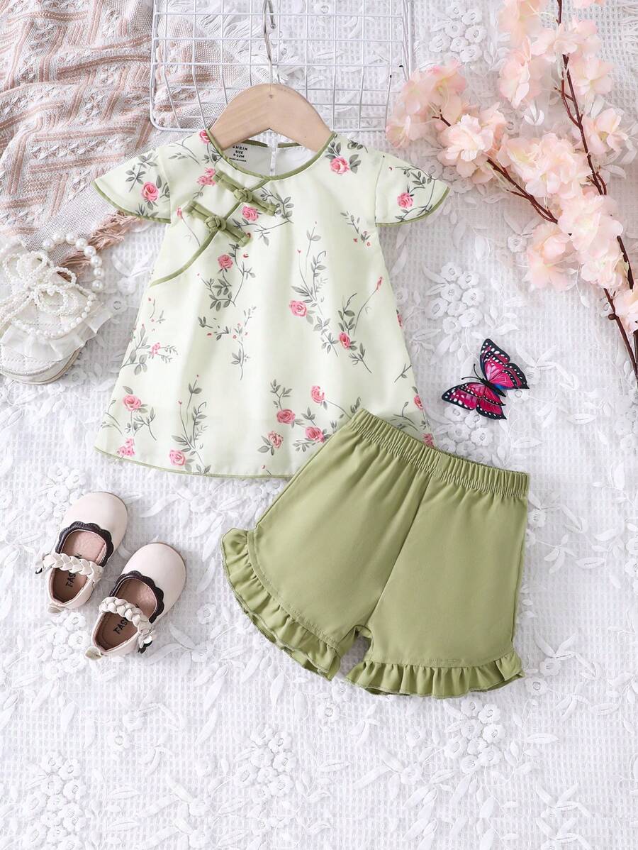 嬰兒女孩花卉印花旗袍連中式結鈕漢服裝 - 綠色 - 查看 1