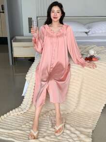 DAZY Nút-Mặt trước Xa ten ÁO choàng mặc nhà Với Viền Ruffle Và Ruy băng Chi tiết Đối với Nhà  Mặc - Bụi hồng - Xem 5