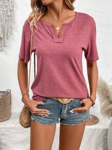 SHEIN LUNE Của phụ nữ Màu thuần Khía Cổ chữ V Ngắn tay Áo thun - Đỏ - Xem 4
