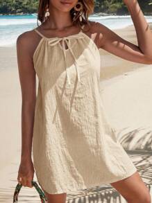 Swim Vcay 夏季海灘女性時尚純色遮陽罩衣上衣 - 杏色 - 查看 3