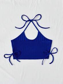 Soleia Holiday Leisure Blue Ribbed Texture Halter Neck Strap Top - Blue - View 2