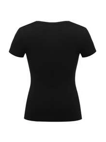 INAWLY 女款純色半排扣修身短袖t恤 - 黑色 - 查看 2