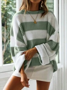 Women's Drop Shoulder Long Sleeve Round Neck Striped Sweater - Green - View 5