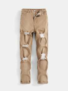 SHEIN Teen Boy Ripped Frayed Khaki Denim Jeans, For Spring And Summer - Khaki - View 1