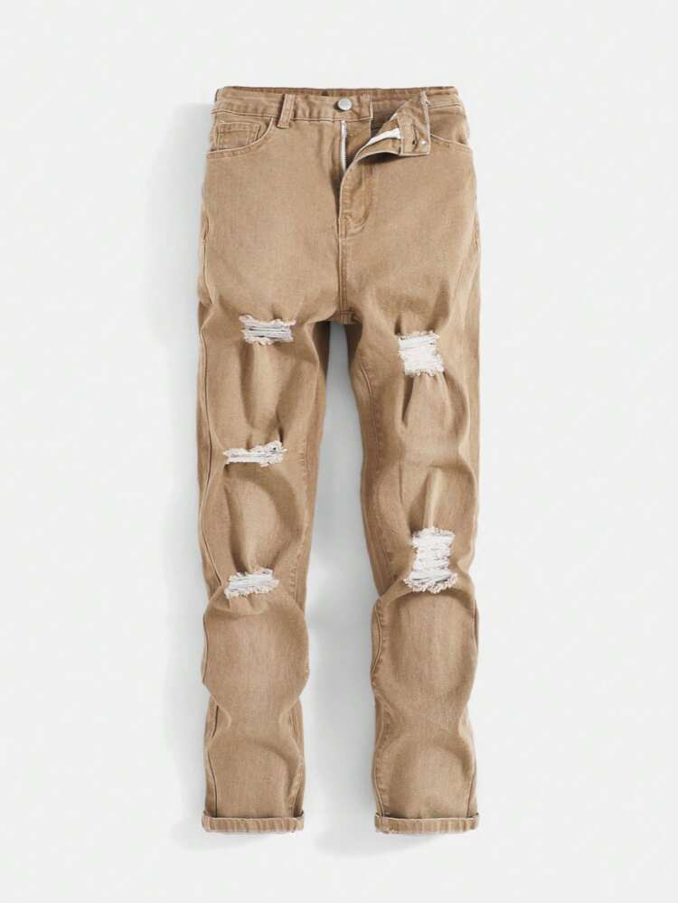 Teen Boy Ripped Frayed Khaki Denim Jeans, For Spring And Summer