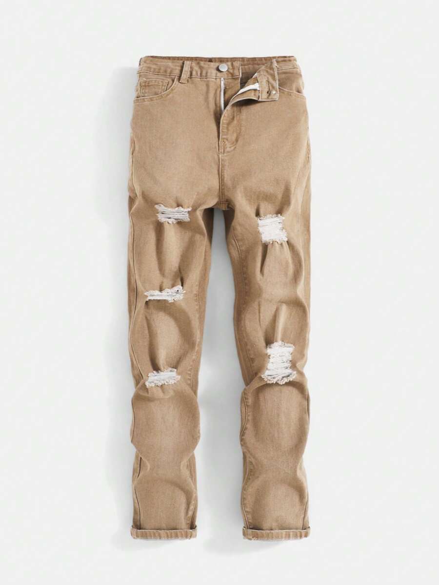 SHEIN Teen Boy Ripped Frayed Khaki Denim Jeans, For Spring And Summer - Khaki - View 1