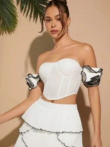 Hauture Off Shoulder Rosette Crop Bustier Top - White - View 1