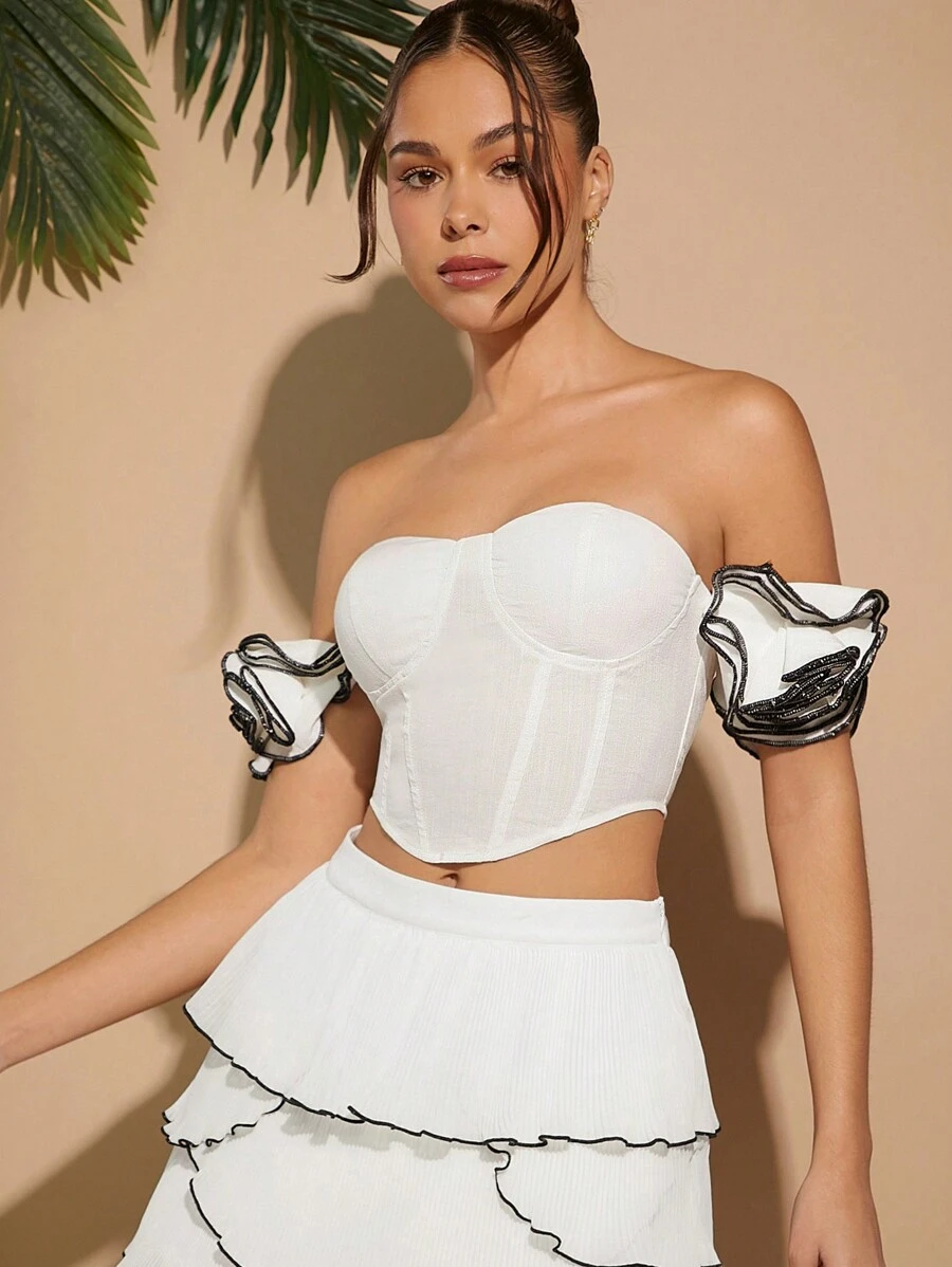 Hauture Off Shoulder Rosette Crop Bustier Top - White - View 1