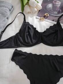 Solid Color Spaghetti Strap Bra & Panty Underwear Lingerie Set - Black - View 6