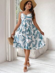 SHEIN LUNE Plus Size Boho Leaf Printed Empire Waist Strapless Dress, For Summer - Multicolor - View 2