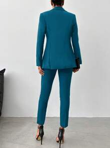 EURMUSE Của phụ nữ Màu thuần Cổ bẻ Nút đơn Bộ đồ Áo khoác Và Quần Bộ - Màu xanh lá cây đậm - Xem 2