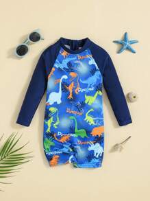 SHEIN Traje De Baño De Una Pieza De Manga Larga Para Bebé Con Patrón De Dinosaurio De Caricatura Y Bloque De Color - Azul - Ver 1