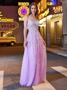 Women's Floral Applique High Slit Mesh Bustier Evening Gown - Lilac Purple - View 7