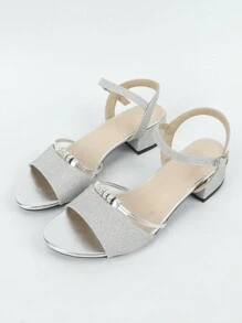 Fashionable Elegant Silver Glitter Strap Comfortable Open-Toe Chunky Heel Sandals For Women, Versatile