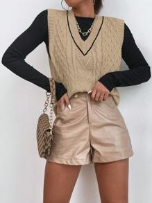 SHEIN Essnce Chaleco De Suéter De Cuello En V De Color Sólido Para Mujer - Albaricoque - Ver 4