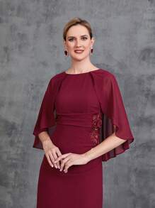 Abito Da Festa Donna Con Cappa, Applicazioni Floreali In Chiffon