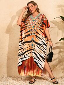 Al Najma Plus Size Leopard Print And Gemstone Pattern V-Neck Batwing Sleeve Arab Garment - Multicolor - View 3