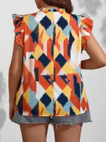 SHEIN LUNE 大尺碼印花拼接上衣,荷葉邊袖口和開叉領口 - 彩色 - 查看 2