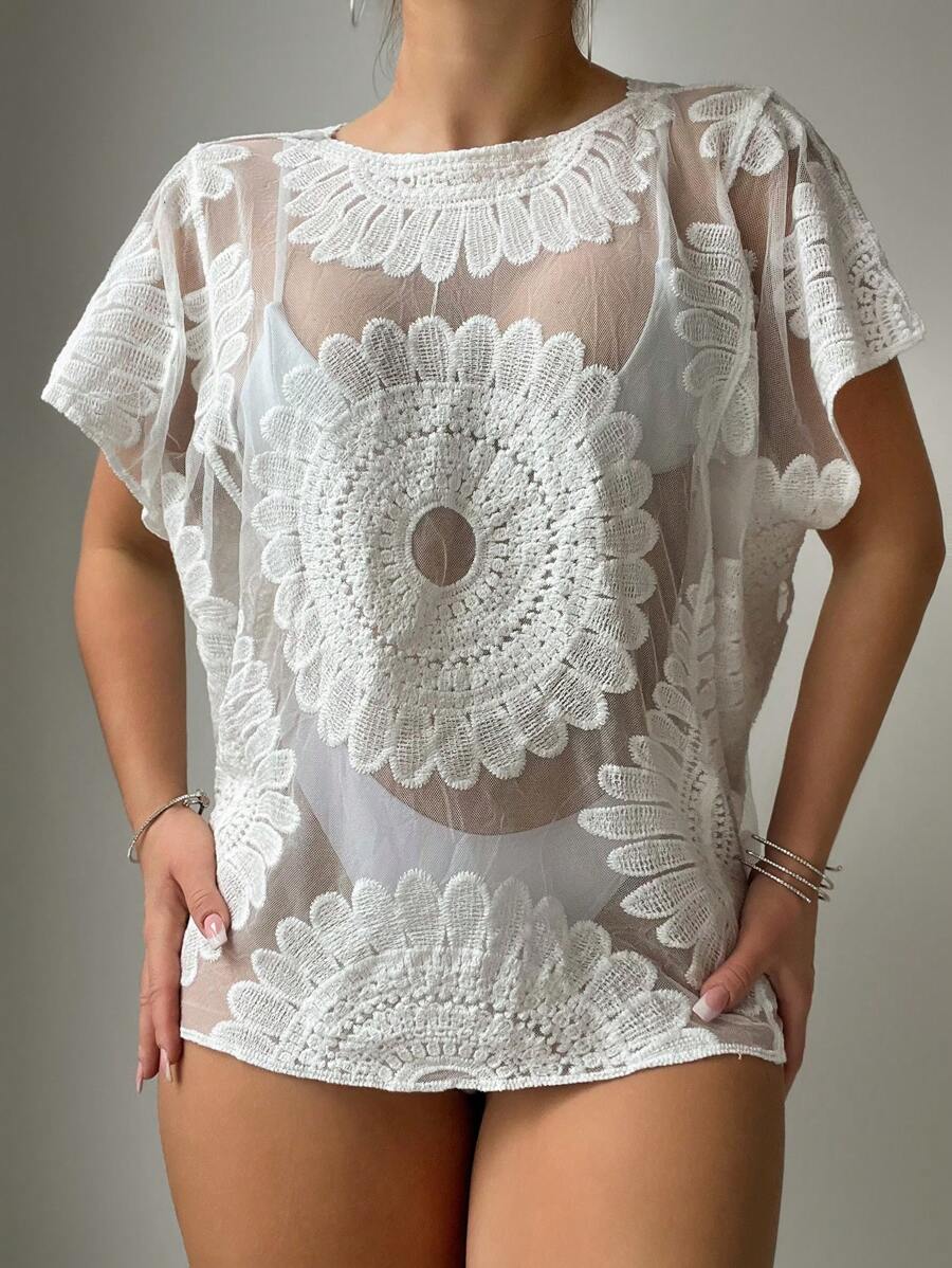 SHEIN Swim 女式花朵網狀短袖薄紗遮罩衣,適用於夏季、海灘、假期、旅行、節日、泳池派對 - 白色 - 查看 1