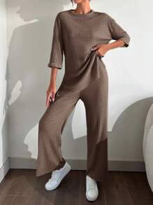 EURMUSE Women's Ribbed Knit Crew Neck Top And Pants Matching Set - Khaki - View 5