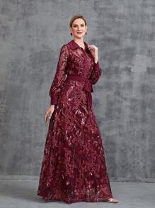 女式衬衫领刺绣亮片束带连衣裙