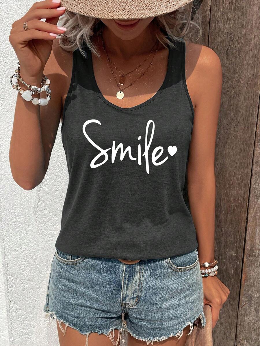 INAWLY Letter Print Round Neck Casual Tank Top - Dark Grey - View 1