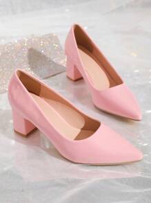 Women's Chunky High Heel Solid Color Shoes For Work, Life And Going Out In Four Seasons, Elegant, Women Pumps,Elegant - Pink - View 5