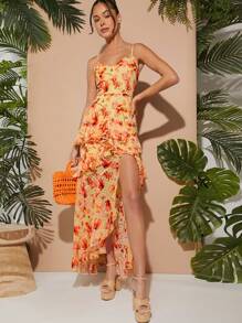 L'Amorae Floral Dot Tiered Ruffle Split Dress - Apricot - View 1