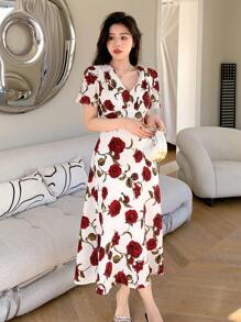 DAZY Bubble Sleeve & V-Neck Short Sleeve Chiffon Dress With Large Floral Print Sundress