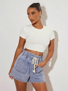 SHEIN BASICS Áo thun nữ cổ tròn tay ngắn màu trơn đơn giản thường ngày - trắng - Xem 4