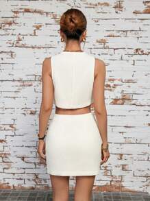 GENKIRA 女士純色單排釦西裝馬甲和裙子套裝 - 米色 - 查看 2