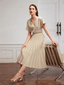 MOTF PREMIUM TWO TONE SURPLICE NECK BATWING SLEEVE PLEATED HEM DRESS,HOLIDAY PARTY BIRTHDAY FORMAL EVENING OCCASSION - Khaki - View 4