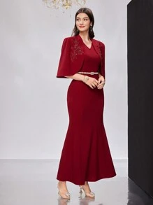 Modelyn 女士阿拉伯风格花卉刺绣斗篷袖端庄连衣裙，优雅晚会礼服 - 紅色 - 查看 5