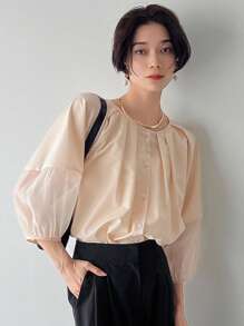 FRIFUL 女性圓領單排釦氣球袖飄褶襯衫 - 米色 - 查看 3