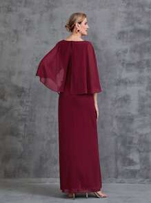 Abito Da Festa Donna Con Cappa, Applicazioni Floreali In Chiffon