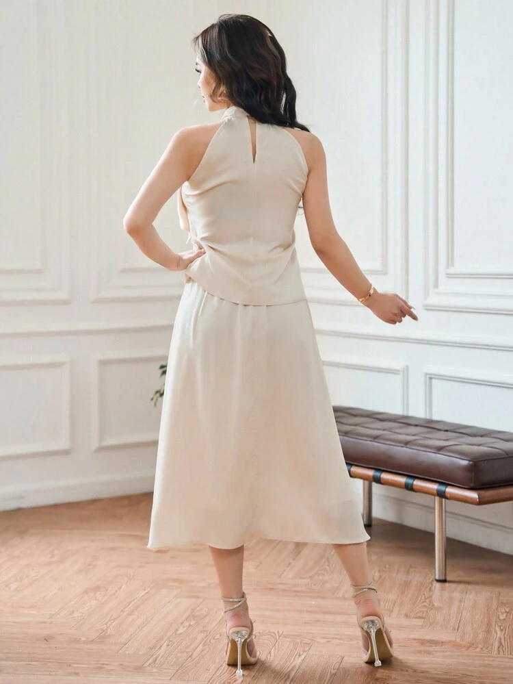 2pcs Satin Halter Top And Skirt Set