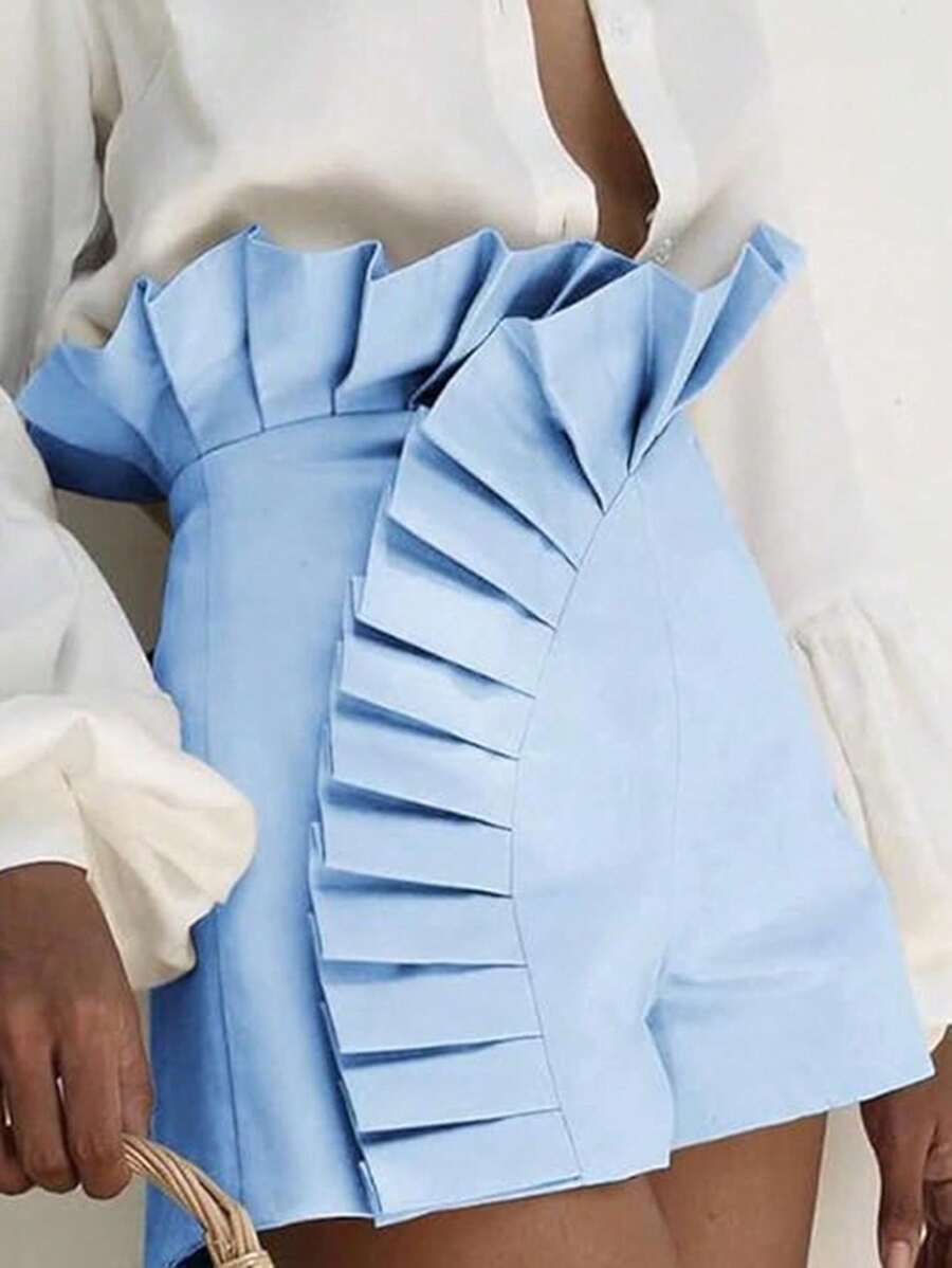 Islaluna Shorts Plisados De Color Sólido Para Mujer - Azul - Ver 1