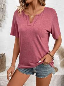 SHEIN LUNE Của phụ nữ Màu thuần Khía Cổ chữ V Ngắn tay Áo thun - Đỏ - Xem 3