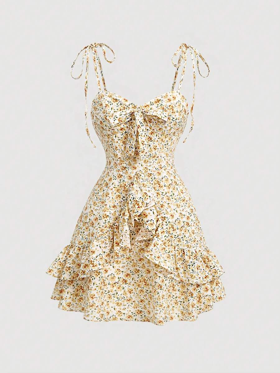 SHEIN MOD Women'S Front Tie Floral Print Spaghetti Strap Dress - Yellow - View 1