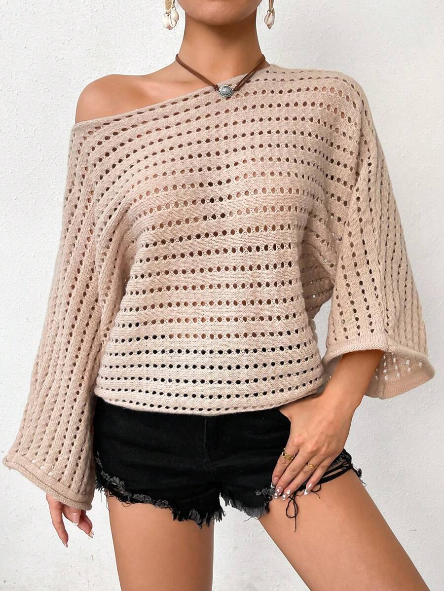 Breezaya Women's Asymmetric Neckline Hollow Out Knit Sweater - Khaki - View 1