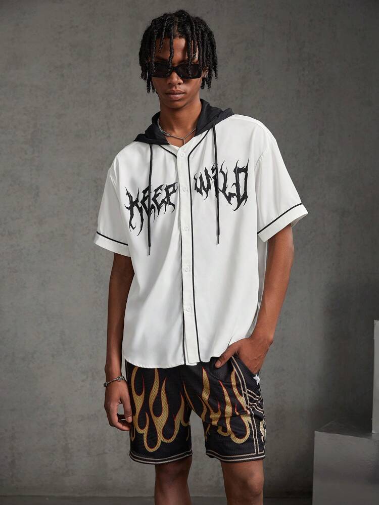 Men's Hooded Short Sleeve Shirt With Letter Print
