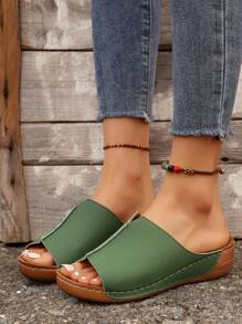 Mùa Xuân Nữ Mới Xuất Hiện Peep Toe Đế Nêm Con La Với Thiết Kế Slip-On Và Đế Dày, thời Trang Và Thoải Mái - màu xanh lá - Xem 5