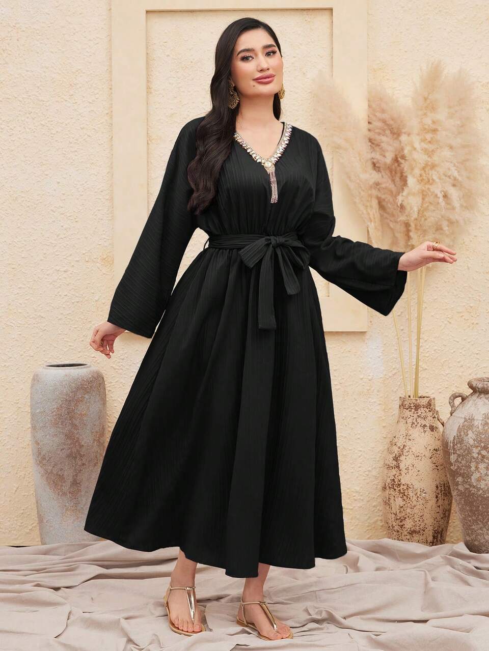 Dress With Rhinestone Decorations On The Flared Sleeves